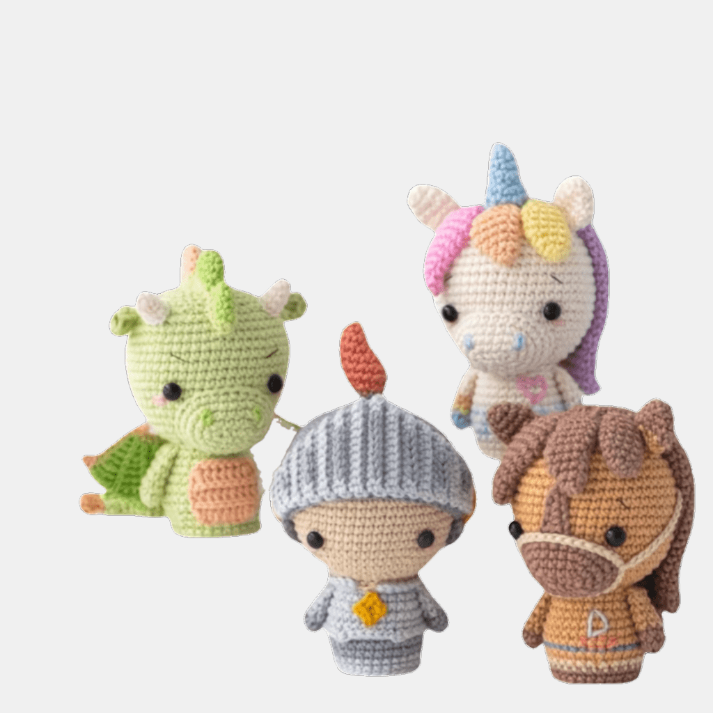 4pcs DIY crochet set - Knight, Pony, Green Dragon & Unicorn